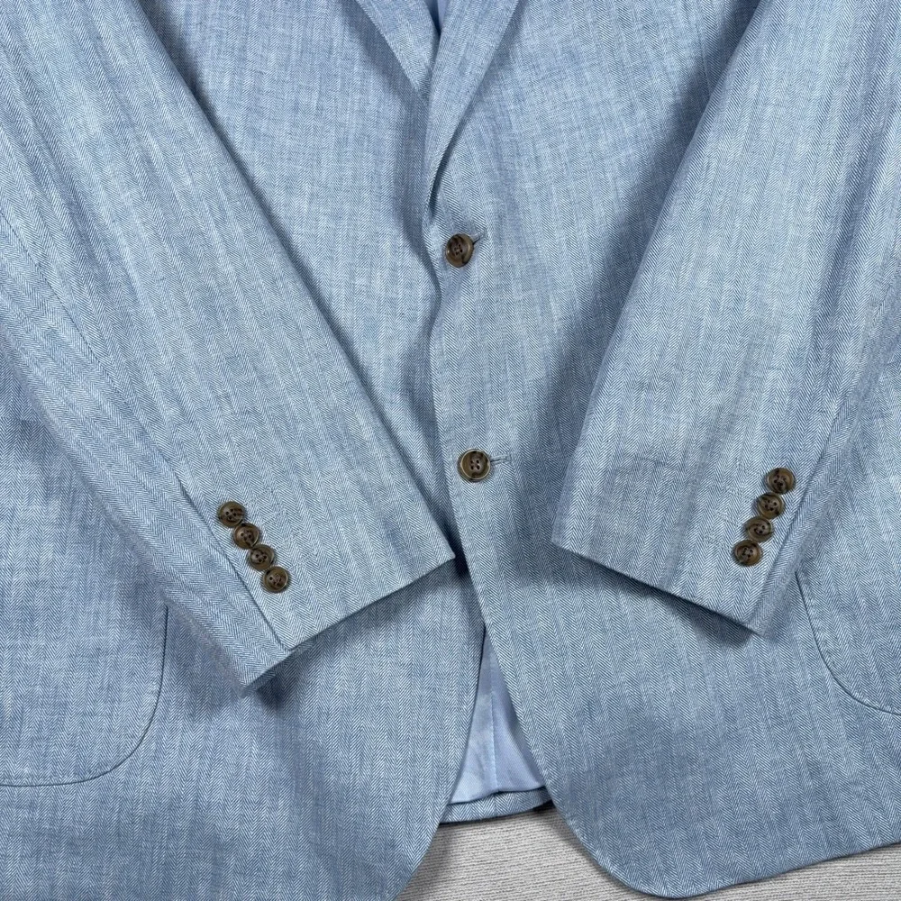 Stafford Linen & Cotton Blazer Mens Size 54L Blue Herringbone Double Vented